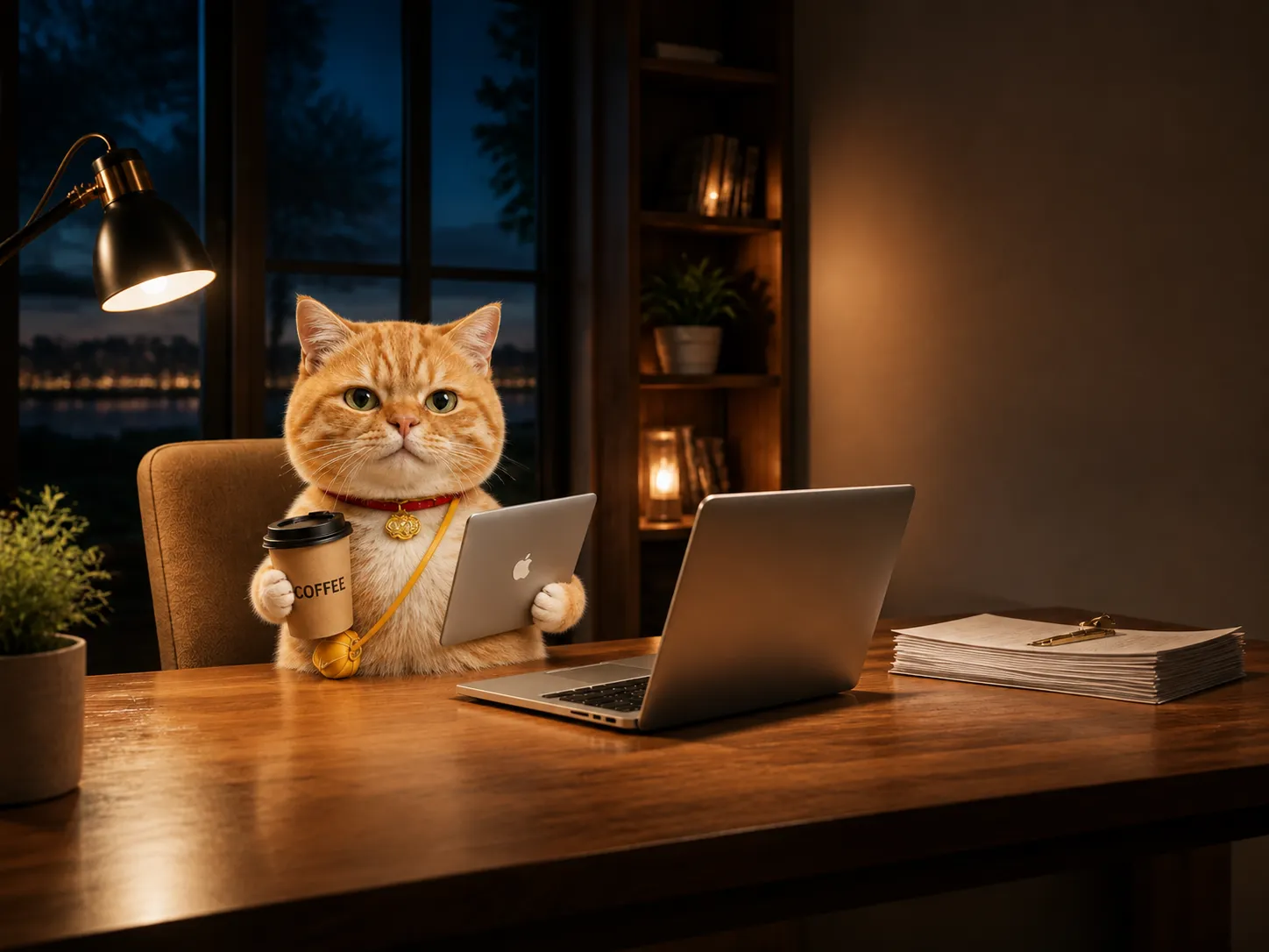 Freelancer Cat at a calm evening desk